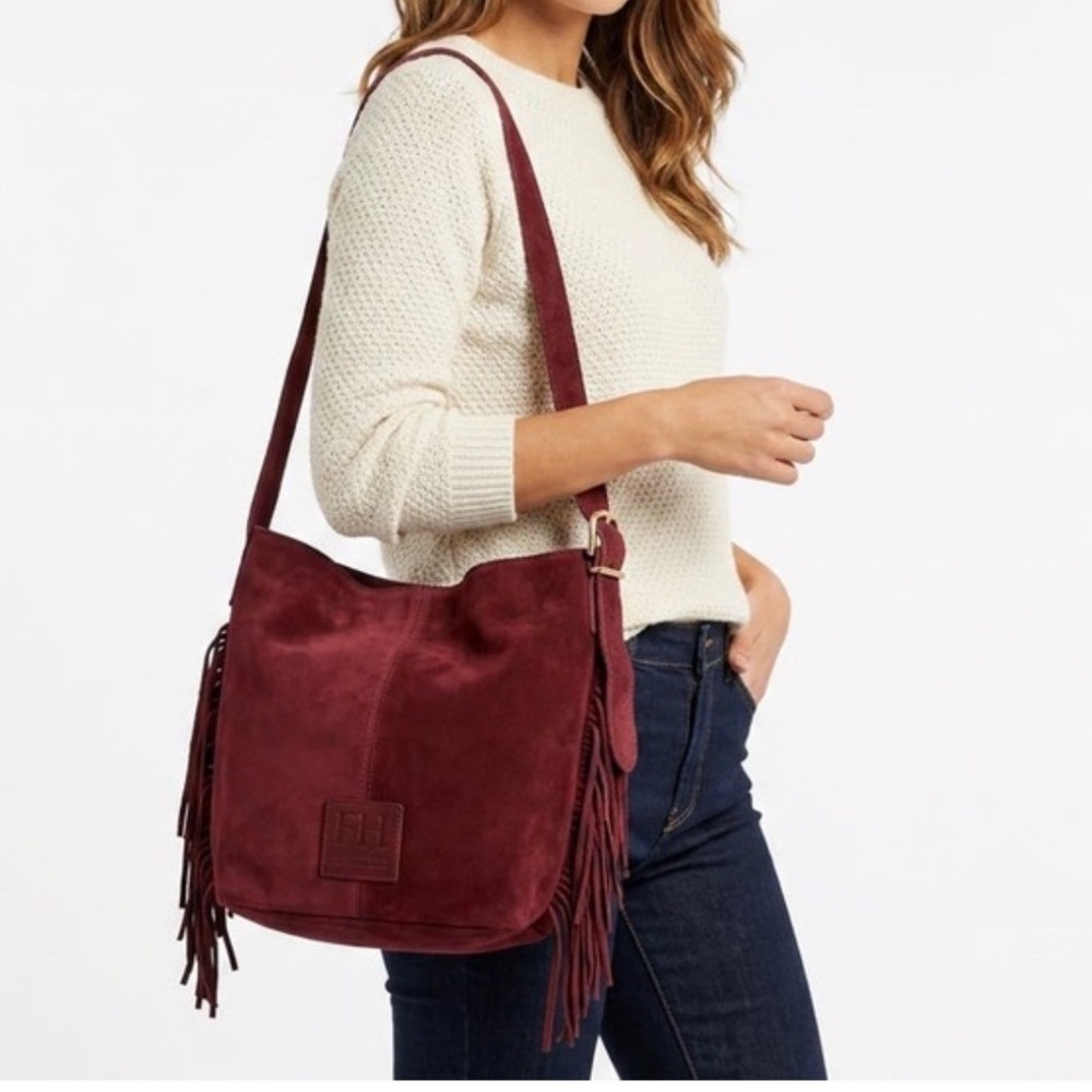 Haute Hippie Burgundy Suede Fringe Shoulder Bag Boho Western Hobo Slouchy Wine - Picture 2 of 15